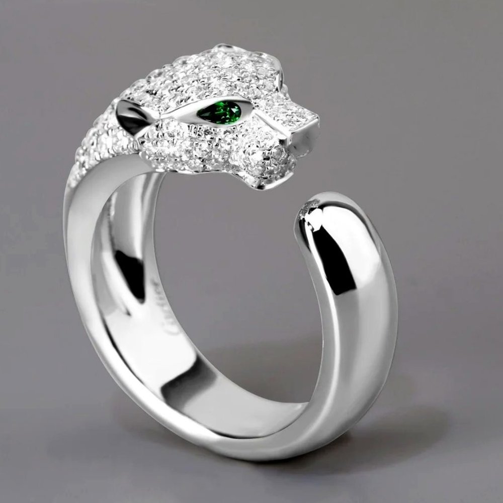 Beautiful Homage Green Eyed Diamond Panther Head Ring .925 Sterling Silver - Picture 2 of 9
